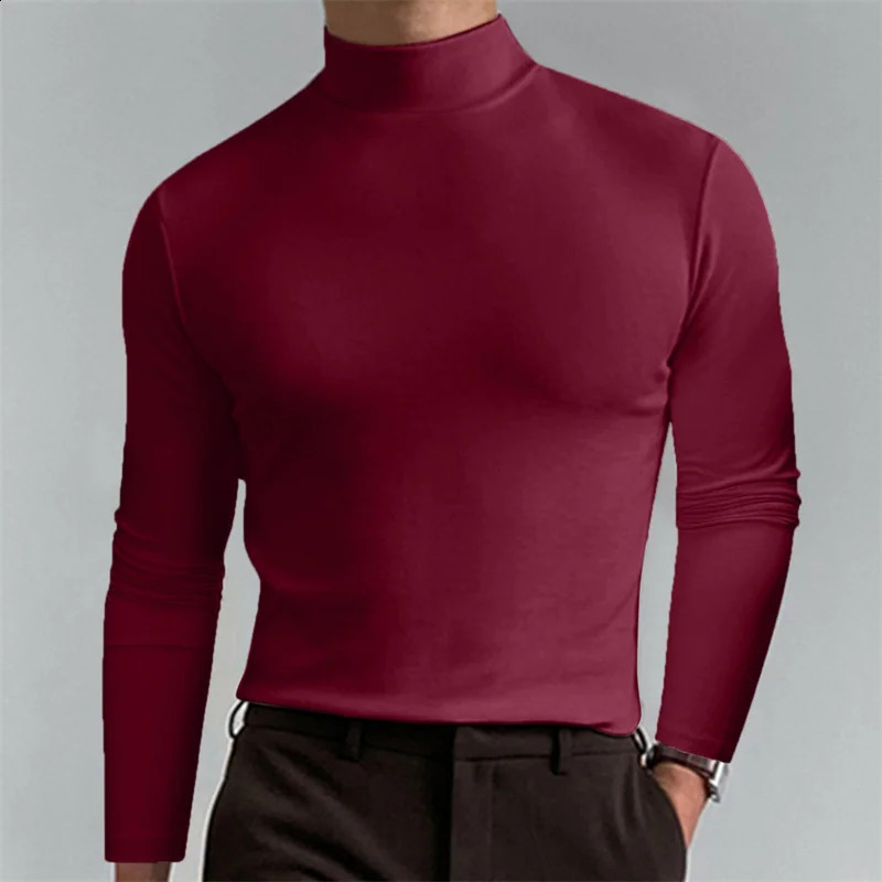 Men Casual Base T-shirts Long Sleeve High Neck Slim Elastic Thin Shirts Spring Autumn Fashion Simple Solid Color Daily Tops 240814