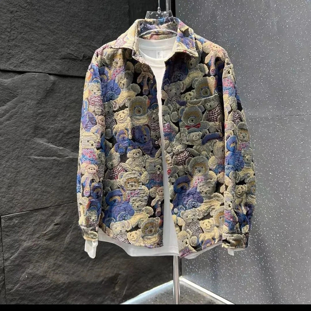 Y2k Bear Embroidery Two Piece Set Spring and Autumn Street Casual Long Sleeve Jacket Loose Long Leg Mens Trouser Set240813