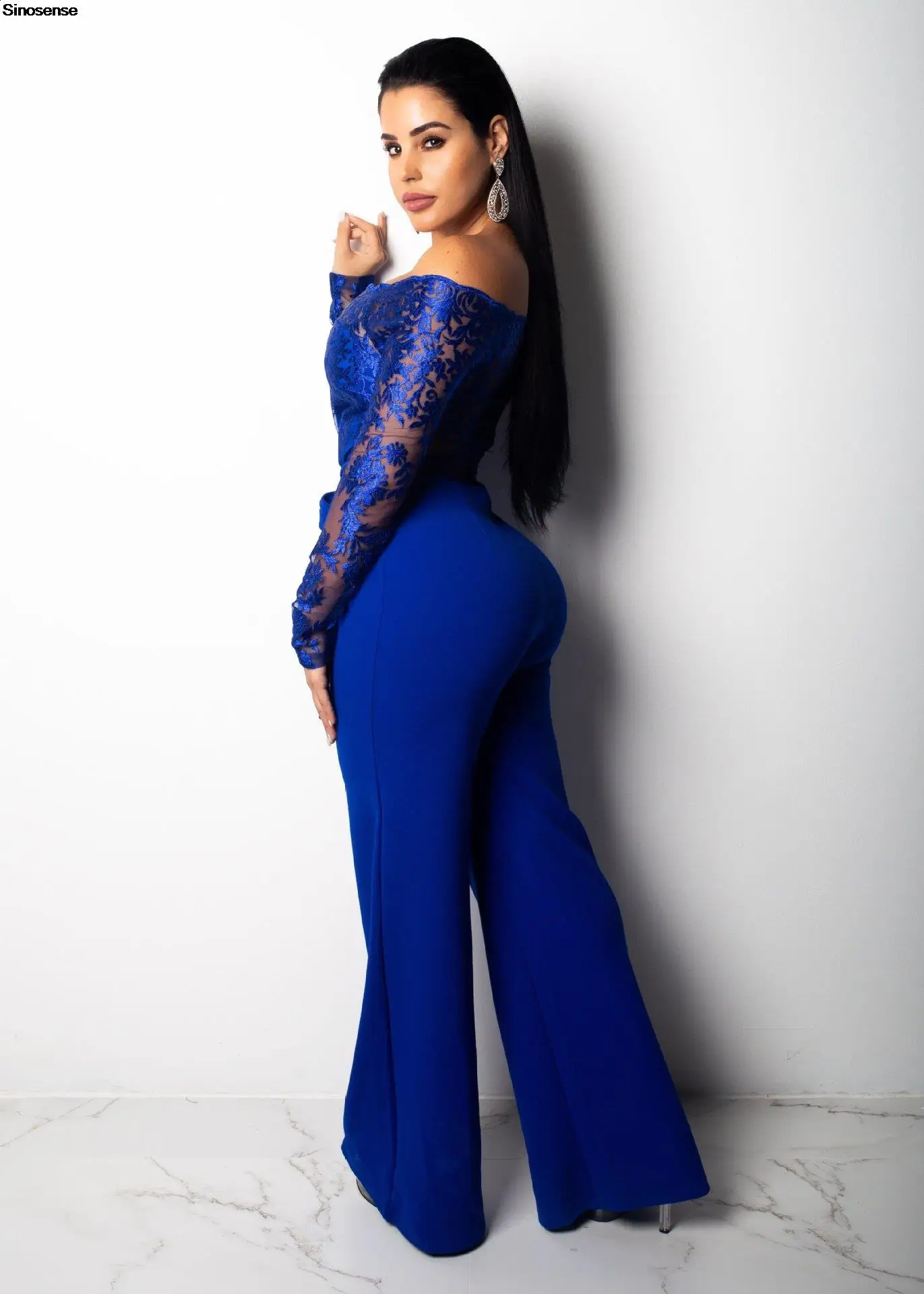 Womens Elegant Off Shoulder Long Pants Wide Leg Jumpsuits Floral Embroidery Lace See Through Cocktail Club Party Evening Rompers 240813