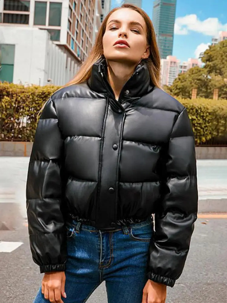 Winter Warm Thick PU Leather Coats Women Short Parkas Fashion Black Cotton Padded Lady Down Jacket Elegant Zipper Clothes 2024 240813