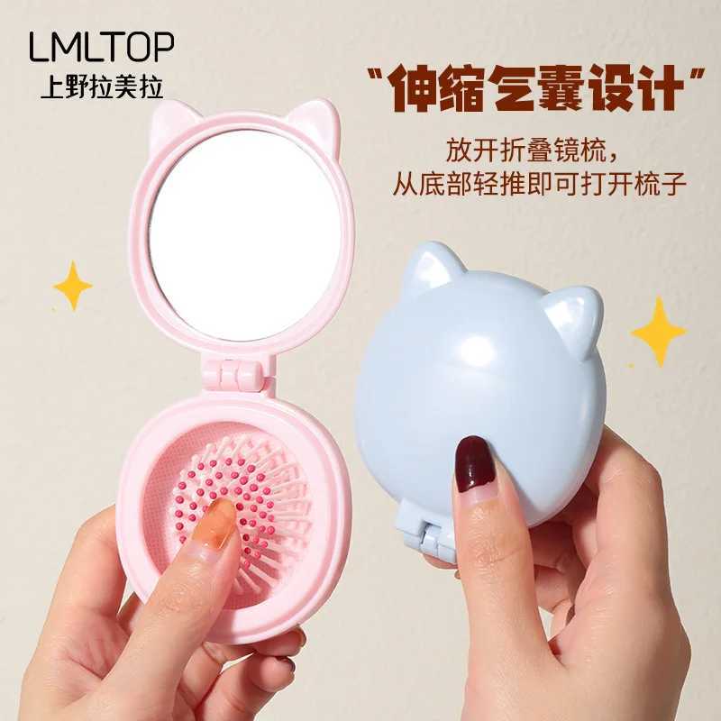 1 cartoon cat cute round folding makeup mirror comb set 2-in-1 mini portable handheld touch high-definition makeup mirror W240813