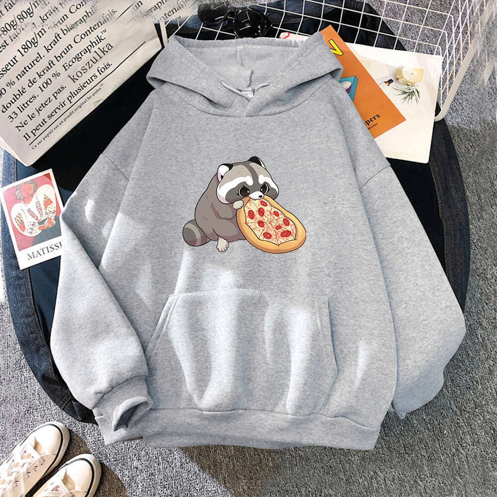 Pizza Cartoon Raccoon Hoodie Women Cute Print Hoodies Haruku Sweatshirts Autumn Winter Plus Size Fleece Hooded Pullover s