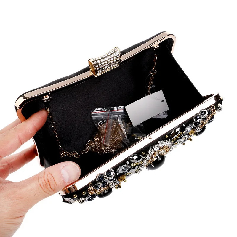 Vintage Women Black Beaded Evening Clutch Bags Ladies Box Metal Clutches Wedding Cocktail Party Handbags Purses 240813ZYl