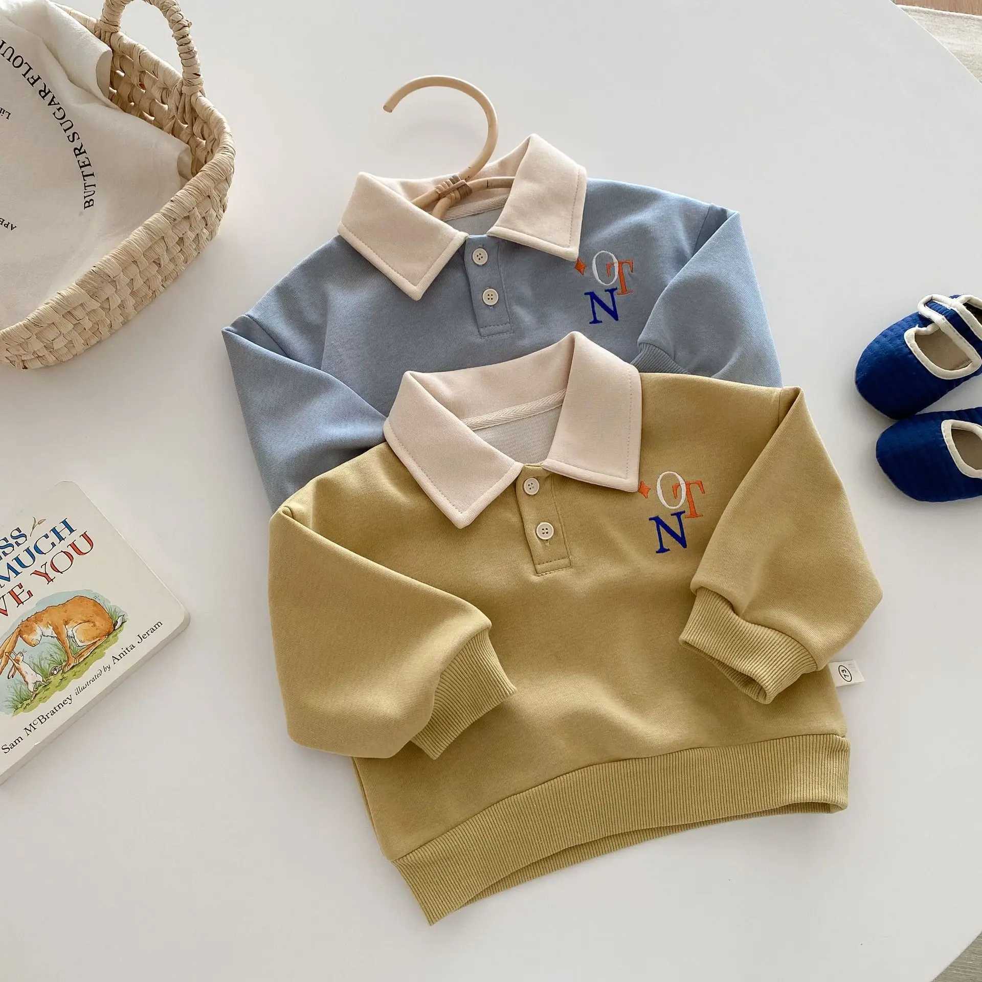 Autumn 0-5 Years Baby Boys Sweatshirts Letter Embroidery Little Boys Pullover Turn Down Collar Elastic Hem Toddler Boys ShirtsY240814