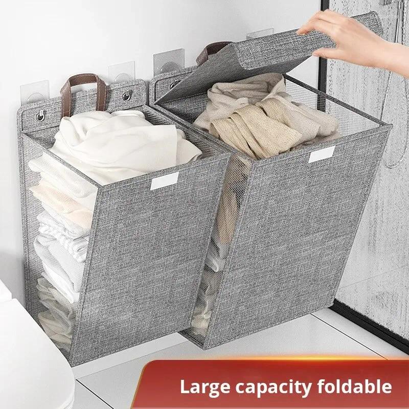 Laundry Bags 1pc Foldable Adhesive Basket Hamper Multifunctional Punch Free Wall Hanging Washing Clothes Mesh Hook Organizer