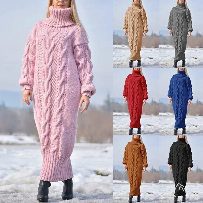 2024 Autumn Winter Solid Color Turtleneck Pullover Twisted Loose Knitted Sweater Long Dress Sweater for Women 240813