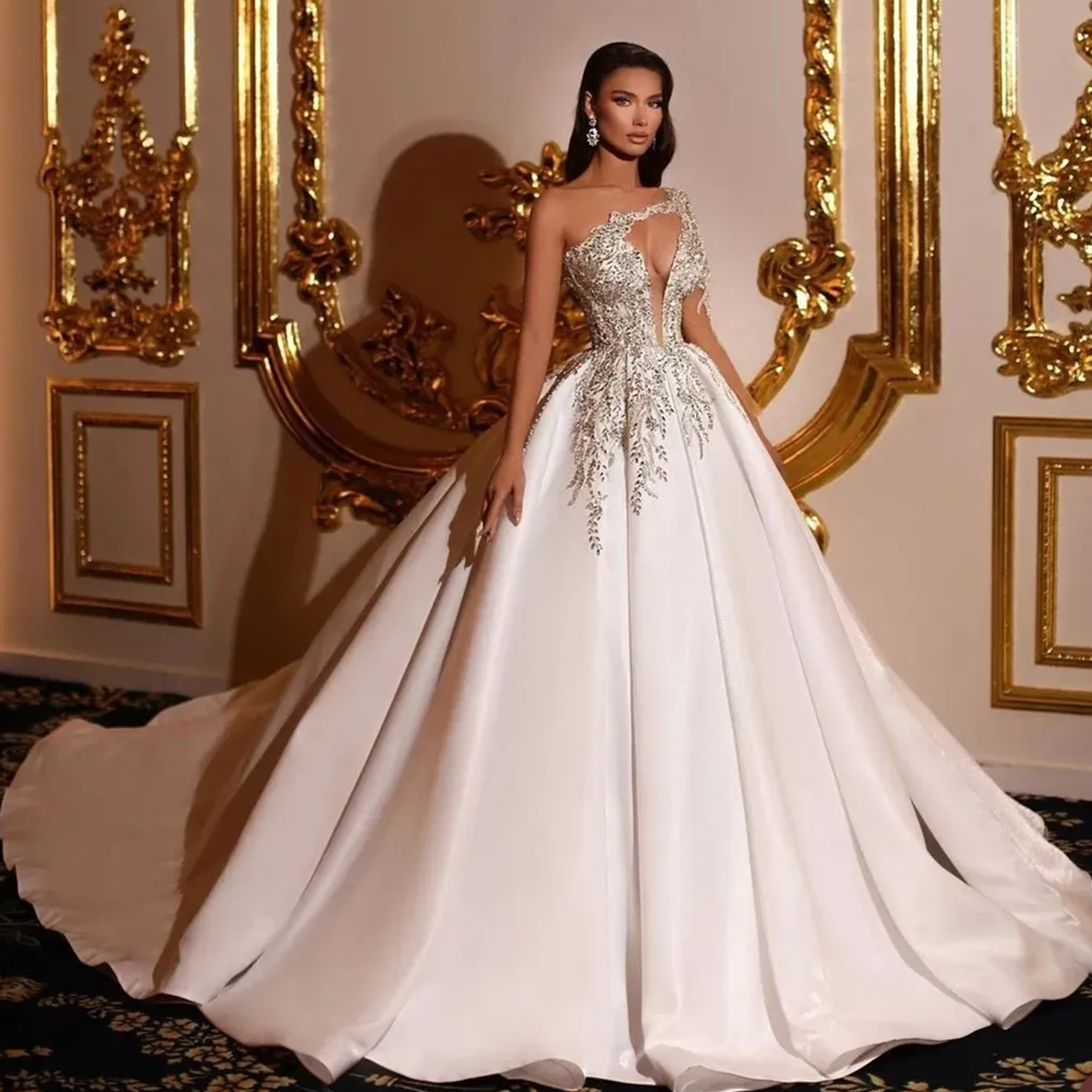 2024 Stain Beading Wedding Dresses Bridal Gowns Beads Crystals Arabic Dubai One Shoulder Crystal Vestido De Noiva Plus Size 6660312