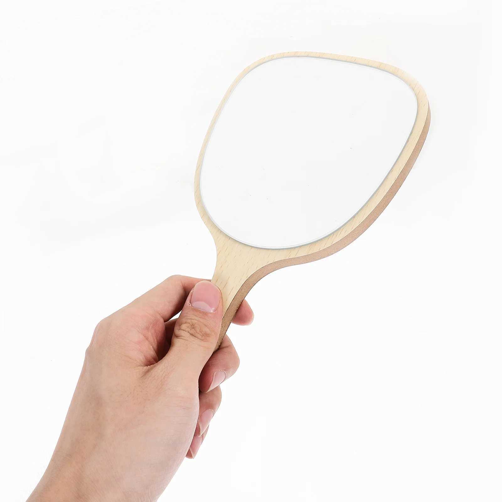 Womens wooden handheld mirror bathroom with handle khaki mirror wall mounted with hook hole used for home makeup salon travel W240813