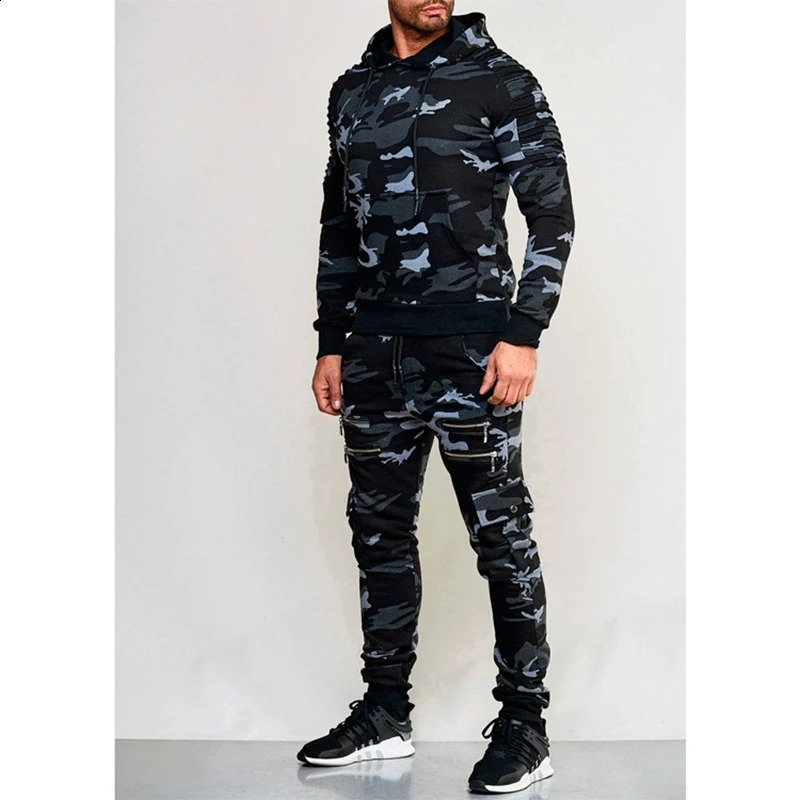 Autumn Winter Male Loose Casual Camouflage Printing Hoodies Elastic Waist Pants Set Men Zipperhooded Sweatshirt Sweatpants Suit 240813