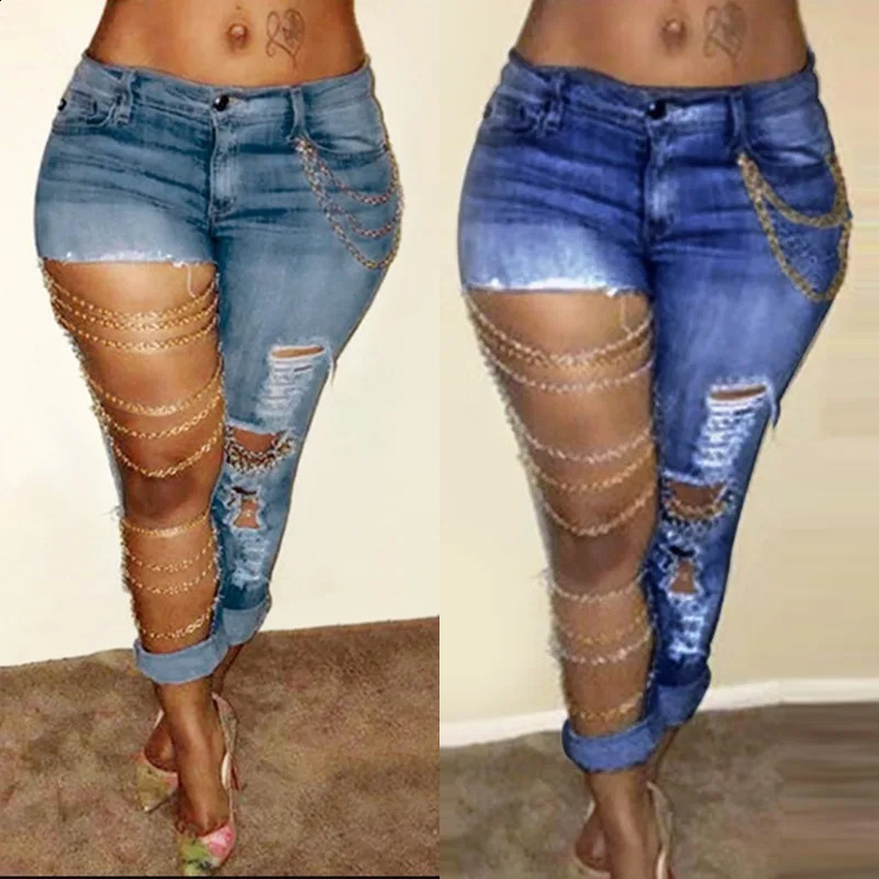 Women Jeans Pencil Pants Denim Sexy Big Holes Chain Washing Slim Pockets Streetwear Spring 2024 Slight Strech Solid Color 240813