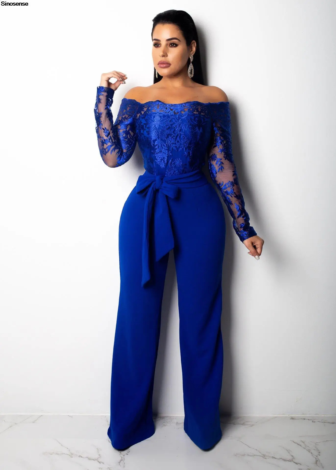 Womens Elegant Off Shoulder Long Pants Wide Leg Jumpsuits Floral Embroidery Lace See Through Cocktail Club Party Evening Rompers 240813