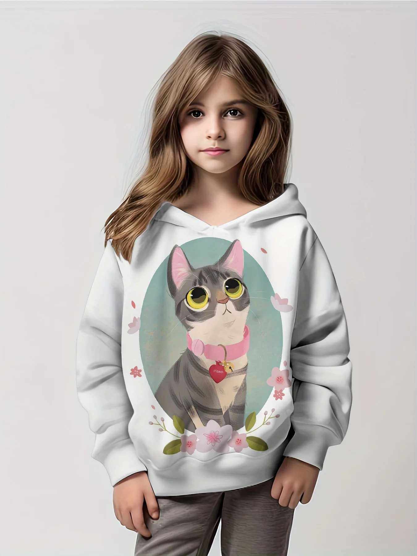 Childrens Sweatshirt Spring Kitten Print Hoodies for Kids Long Sleeve Kids Hoodie Trendy Childs Top Casual Pullover SweatshirtY240814