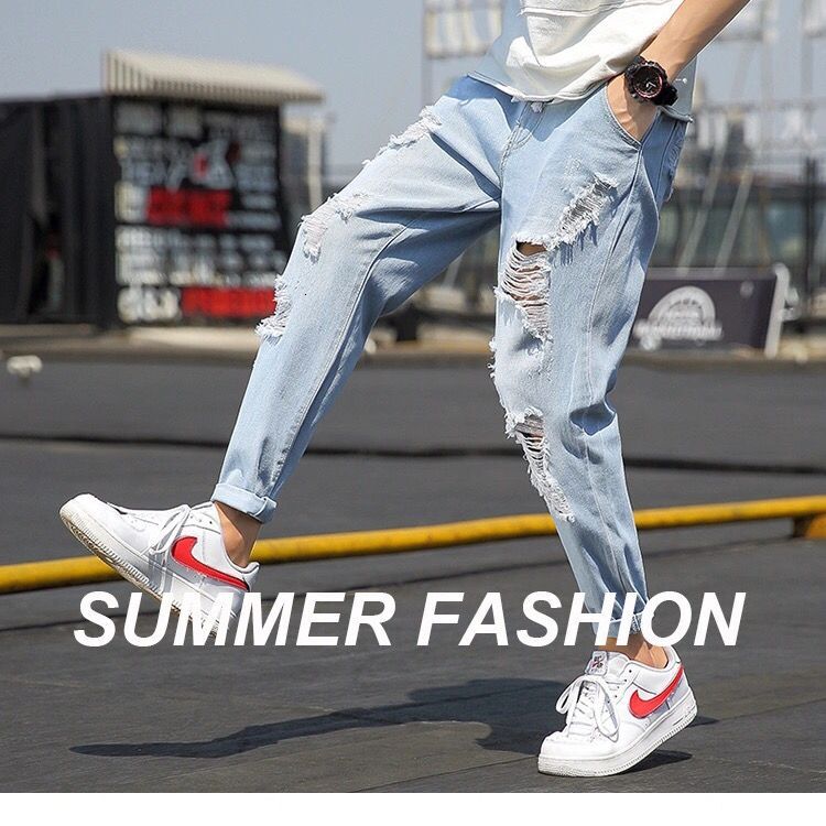 Summer thin cut ripped jeans for men, loose fit, 9-inch fat, trendy brand, plus size 1 pounds pants, beggar carrot pants