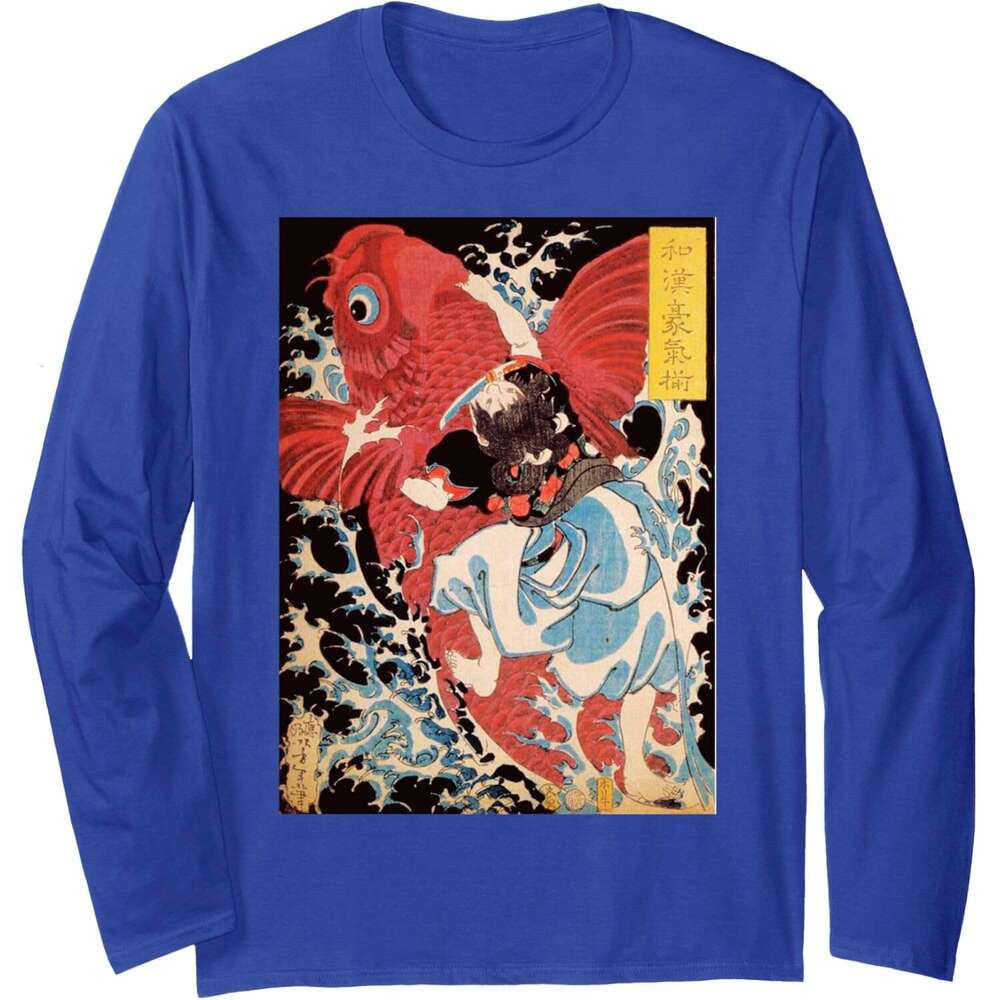 Long Sleeve Shirts for Men sweatshirt Japanese Retro Vintage Artwork Samurai on the Koi Fish Long Sleeve Tee Streetwear Casual tops clothes