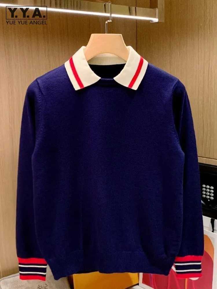British style mens lapel sweater top patch work long sleeved knitting pull-out jumper autumn new business casual knittingW240729