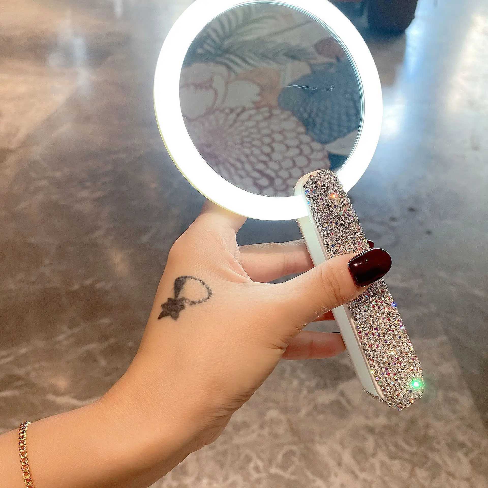 Portable makeup mirror with high brightness appearance horizontal diamond inlaid LED makeup light folding hand high-definition mirror W240813
