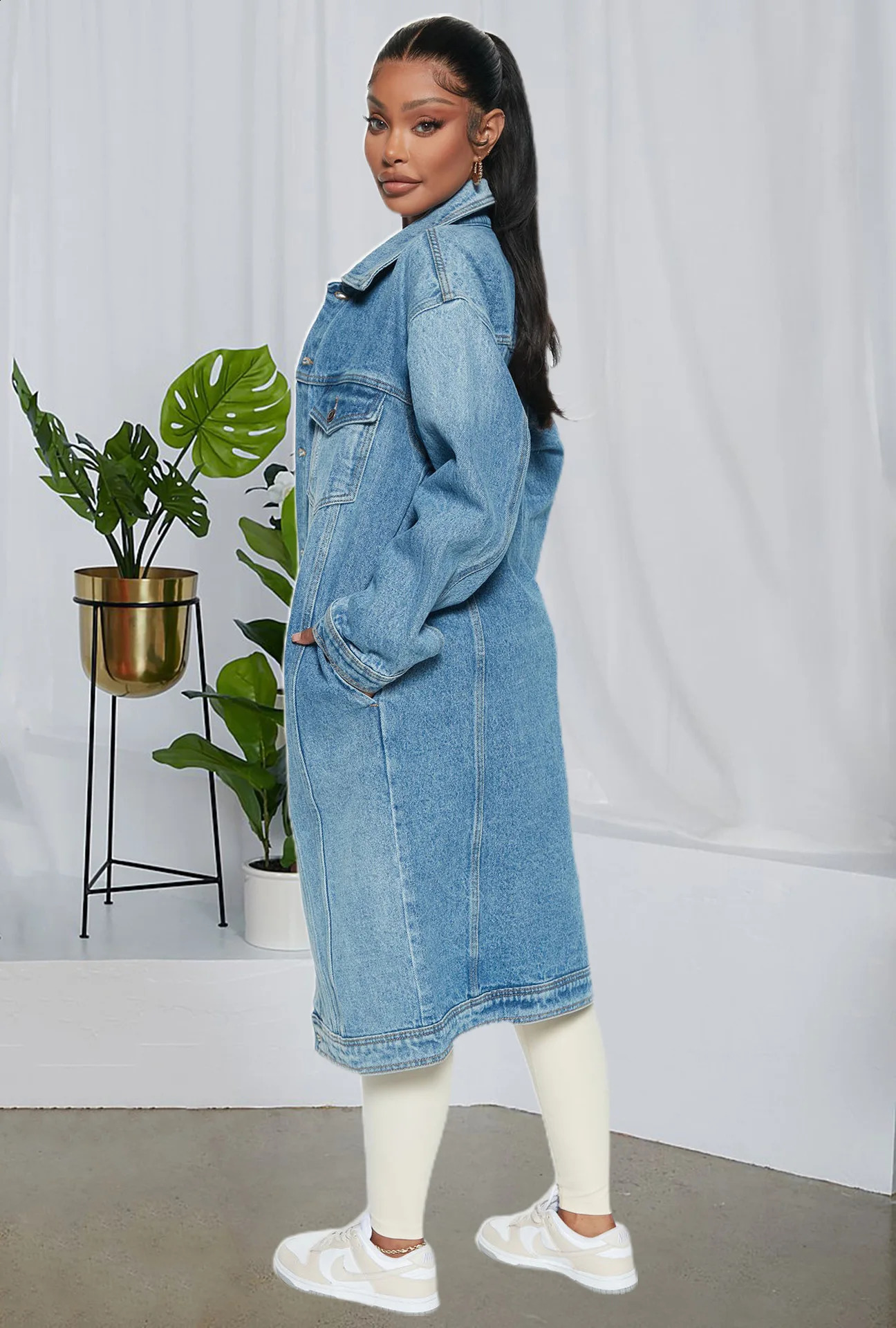 Fashion Extra Long Autumn Winter Sky Blue Denim Jackets for Women Trench Coat Fall Loose Cardigan Jeans Cape Veste Femme 240813