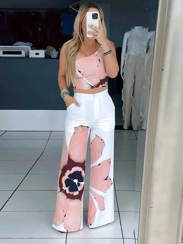 2 Piece Sets Women Outfit Casual Elegant Summer One Shoulder Tank and Long Pant Ladies Suits Sexy Wholesale Drop 240814