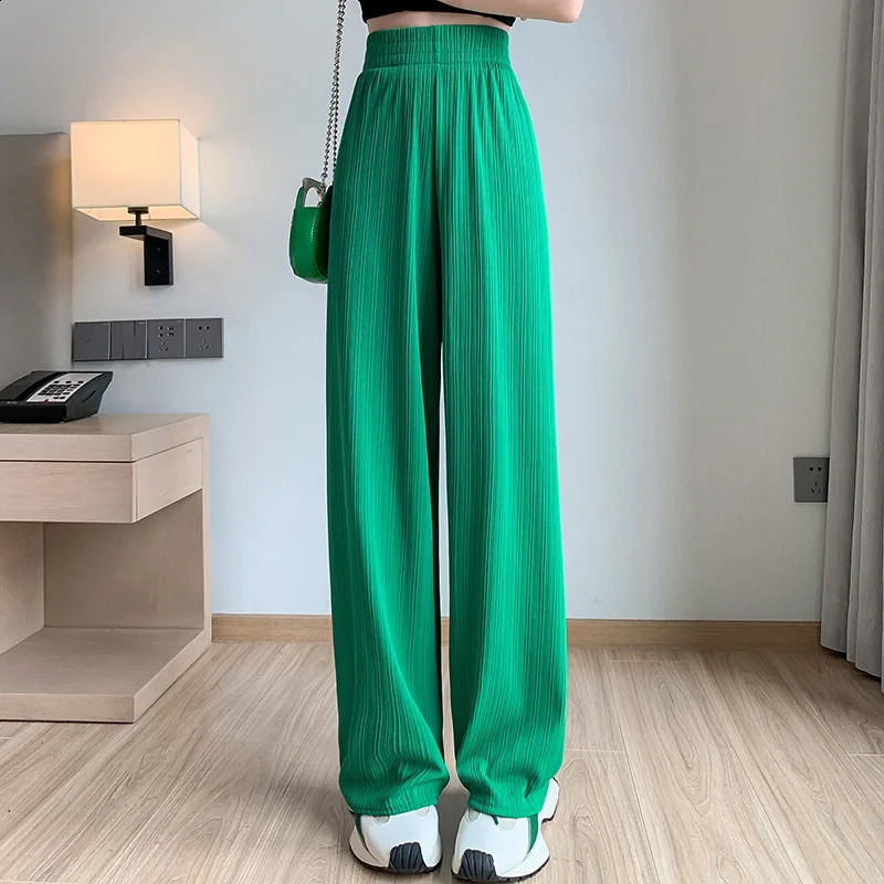 Elegant Solid Color Wide Leg Pants Summer Casual Office Lady Elastic Waist Straight Chic Loose Pant Women Fashion Sweet Trousers Z260314