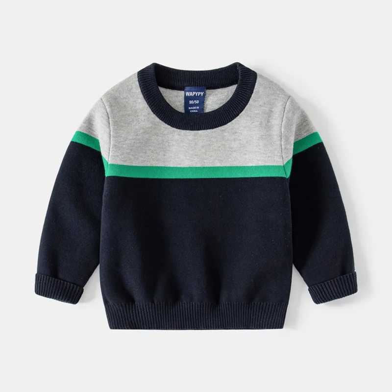Autumn Winter Little Boys Sweater Cotton Spliced Round Collar Toddler Boys Pullovers Elastic Hem Long Sleeve Kids Boy UndershirtY240814