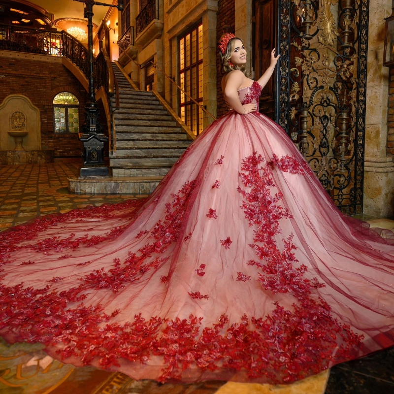 Red Off The Shoulder Quinceanera Dress For Sweet 16 Girl Sequined Beaded Applique Lace Tull Graduatin Party Birthday vestidos de 15 anos