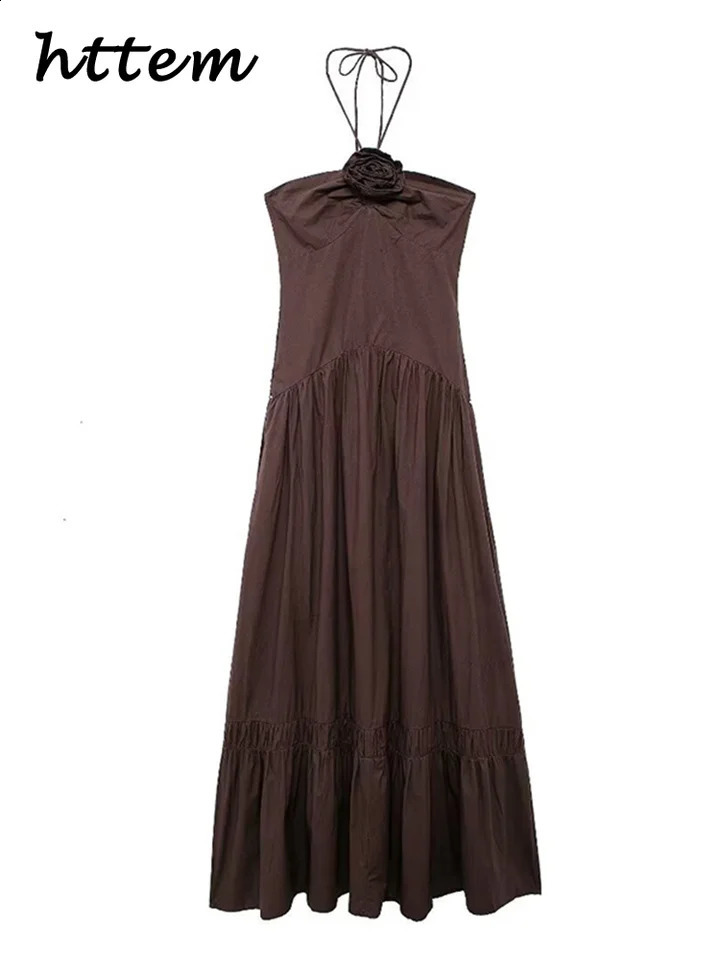 Elegant 3d Flower Halter Long Dress Women Slim Sleeveless Backless Pleated Holiday Dresses 2024 Summer Lady Solid Cotton Robes 240814