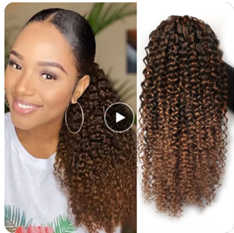 Ombre Human Drawstring Puff Ponytail Extensions Afro Wavy 16 Inch Clip In Ponytail Hair Curly Brown Blonde hairpiece 1pcs 120g