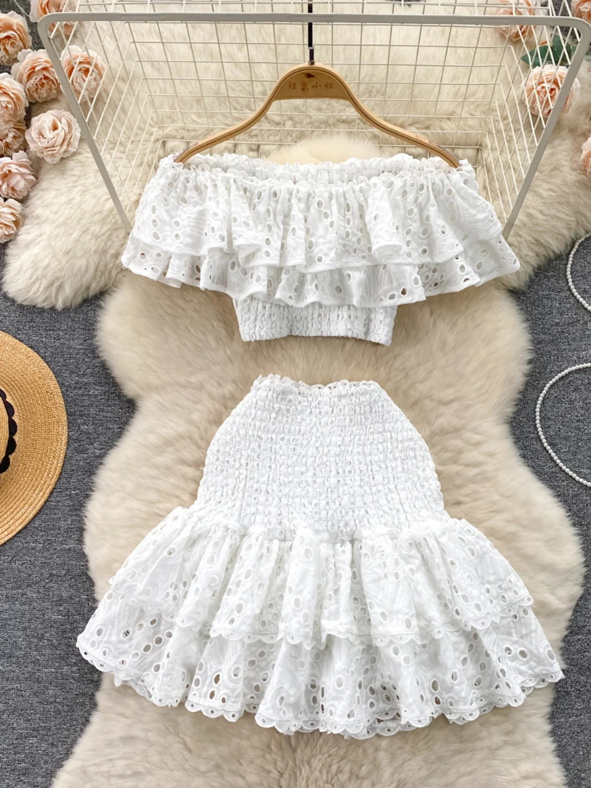 Bohemia Holiday Women Skirts Set Crochet Hollow Out Off-shoulder Tops A-line Mini Skirt Two Piece Sets Womens Outifits Dropship 240810