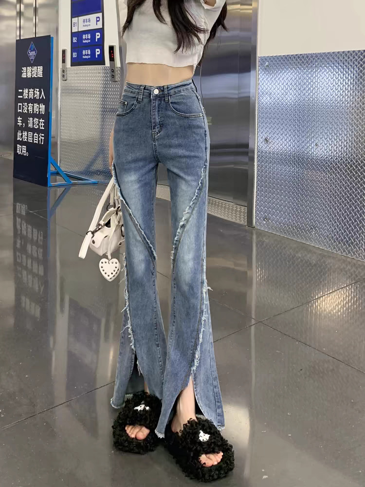 Blue stretch split jeans for women in spring and autumn, straight leg, slimming, plus size, fat, mm, high waist, slightly flared pear shaped figure pa