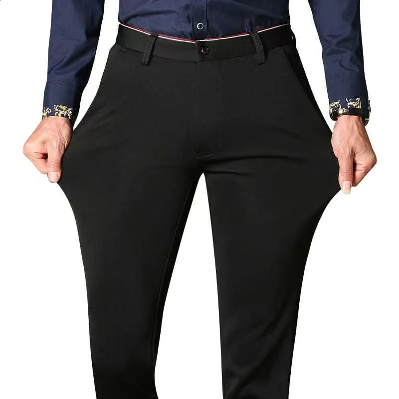 High Stretch Mens Dress Pants Waist Elastic Formal Suit Office Business Classic Casual Trousers Slim Fit Black Blue 240813