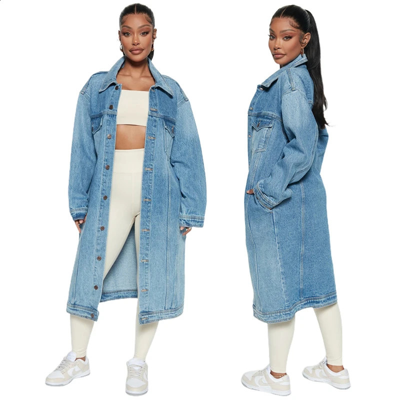 Fashion Extra Long Autumn Winter Sky Blue Denim Jackets for Women Trench Coat Fall Loose Cardigan Jeans Cape Veste Femme 240813