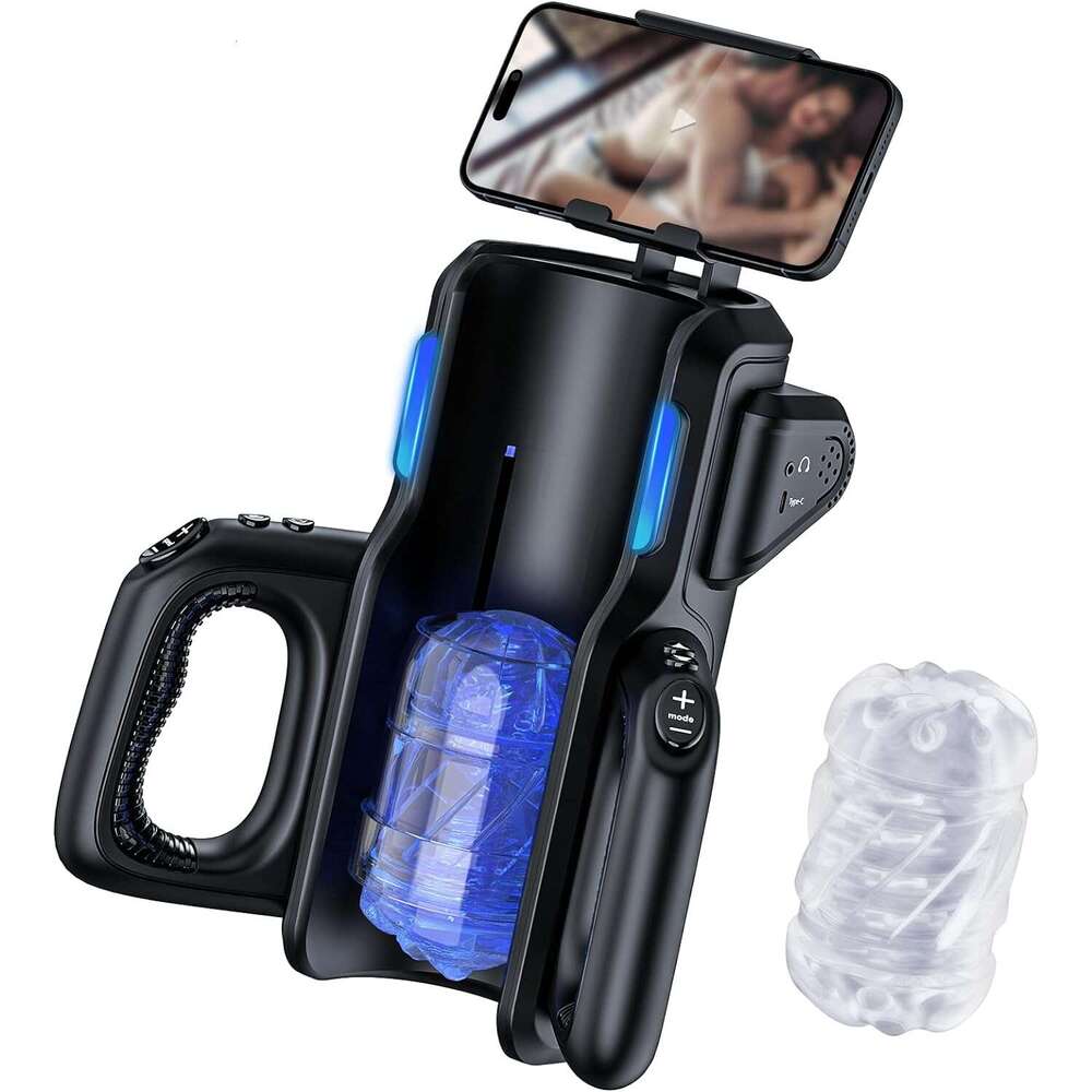 Sex toy automatic male device - men's electric adult sex machine, 12x/s thrust, hands-free training massager, with phone holder and 2 soft silico