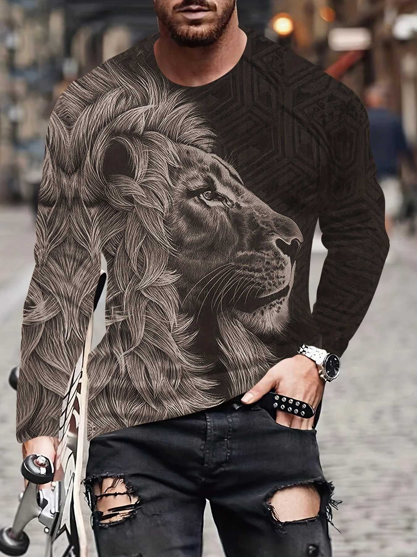 3d Lion Print Long Sleeved Mens T-Shirt Summer Quick Dry Cotton T-Shirt For Men Streetwear Man Clothing Loose Oversized Tee TopM240814