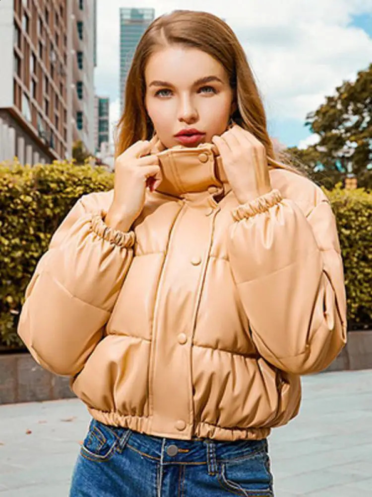 Winter Warm Thick PU Leather Coats Women Short Parkas Fashion Black Cotton Padded Lady Down Jacket Elegant Zipper Clothes 2024 240813