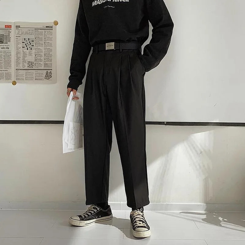 Black Ankle-length Casual Pants Mens Clothing Solid All-match Fashion Harajuku Streetwear Loose Chic Straight Mid-waist Daily 240814