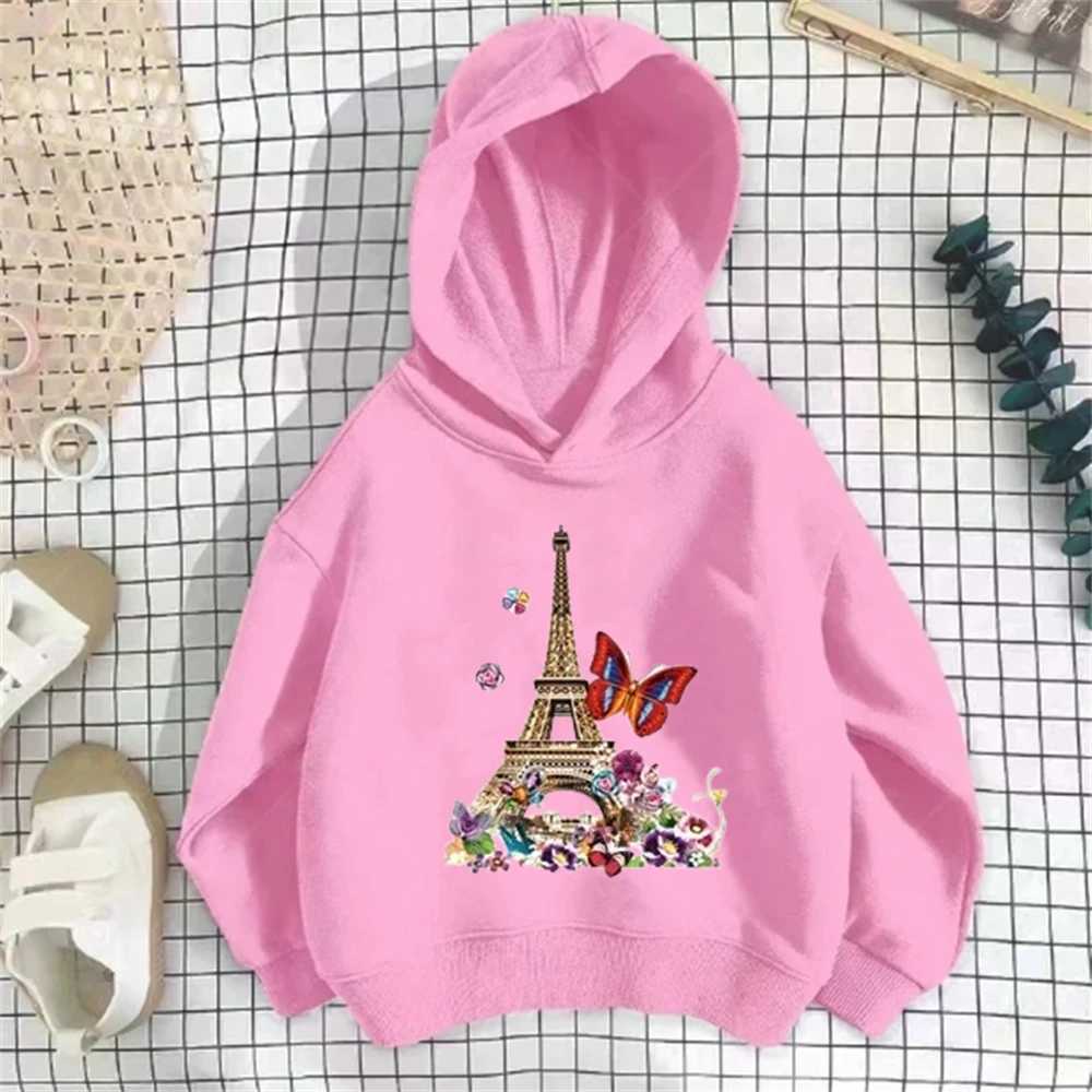 Eiffel tower butterfly Childrens Hoodie Boy Girls Coat Long Sleeve Sweatshirt Leisure Clothing Age 3-12 Toddler autumn TopY240814