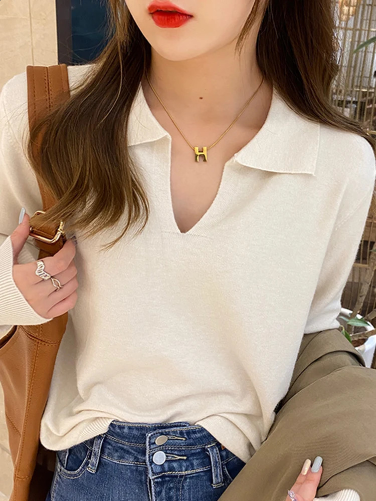 Polo neck sweater with floral long sleeved top for womens autumn and winter clothing ultra-thin knitted soft jumping street clothing simple sweater 24