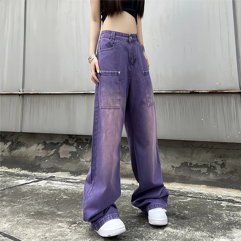 Womens Purple Baggy Jeans Boyfriend Style High Waist Gradient Color Washed Y2k Cargo Pants Mopping Straight Denim Trousers 240813