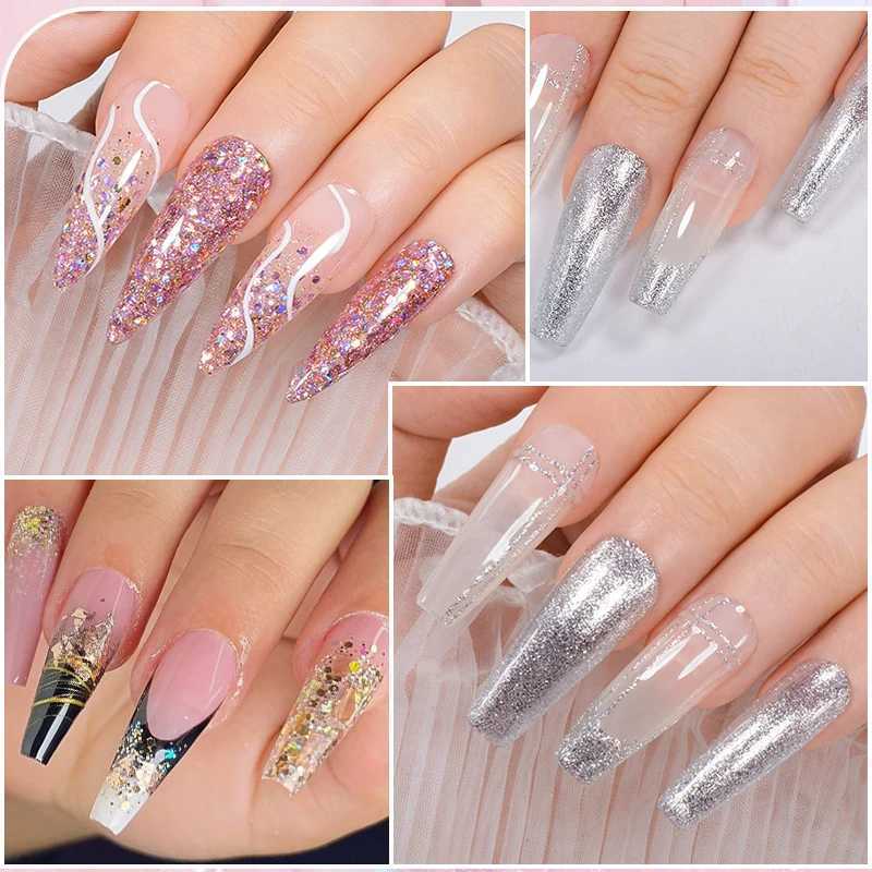 MEET ACROSS 8ml Pink Glitter Sequins Gel Nail Polish Shiny Sparkling Platinum Silver Semi Permanant Nail Art Gel Varnish NailsM240814