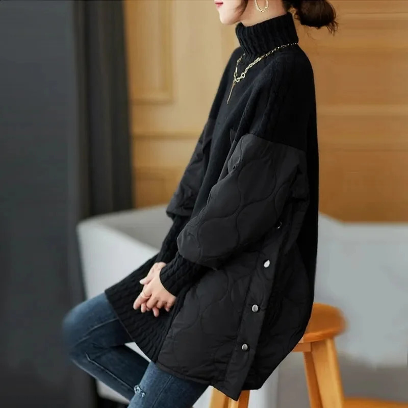 2024 Womens Parkas Autumn Winter Fashion Loose Mid Long Casual Splicing knitted Warm Female Jacket Outwear Overcoat Woman 240813