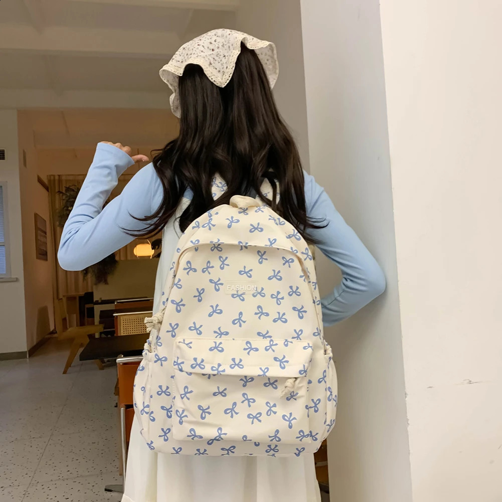 Nylon Backpack for School Bags for Student Cute Schoolbag Bow Printed Women Travel Bag Aesthetic Bookbag Knapsack Rucksack 240813