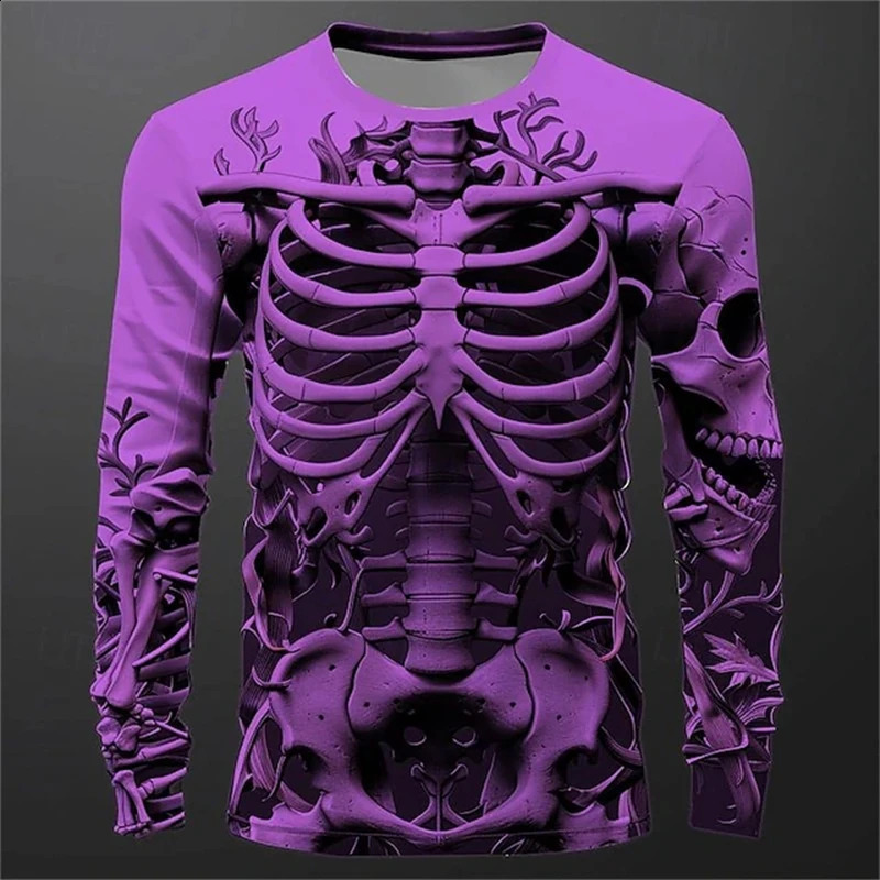 3D Print Skeleton Skulls Pattern T Shirts Men Long Sleeve Casual Fashion T-shirt Top Sweatshirt Breathable Streetwear Loose Tees 240814