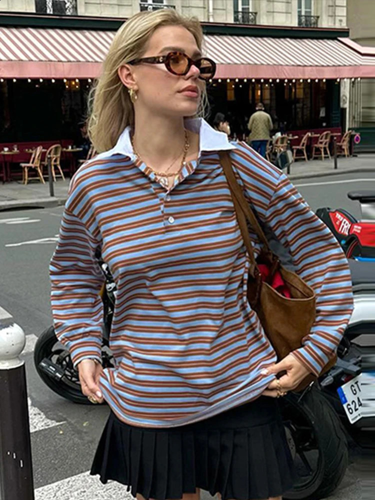 Retro striped womens Pullover T-shirt with lapel and long sleeved top womens casual loose button down shirt fashionable Pullover 240827