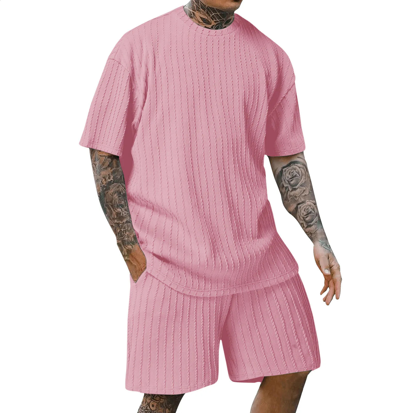 Fashion Summer Mens Casual Fashion Sports Set Sexy Short Sleeve Hip Hop O-neck TopsShorts Two Piece Suit Male Clothes Outfits 240813