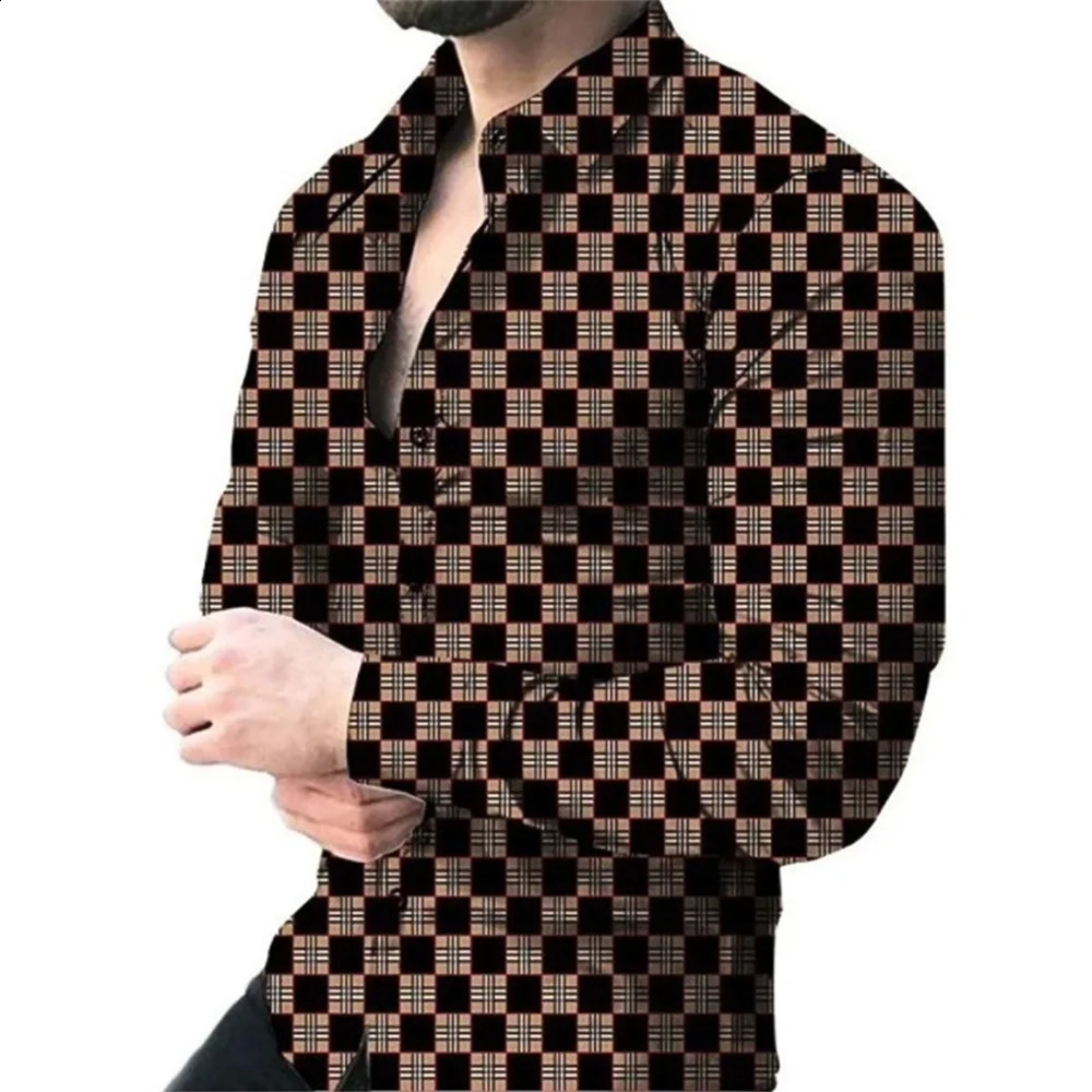 checkered pattern mens floral shirt 3D printed collar button up long sleeved shirt Y2k retro casual slim fit clothing 240814