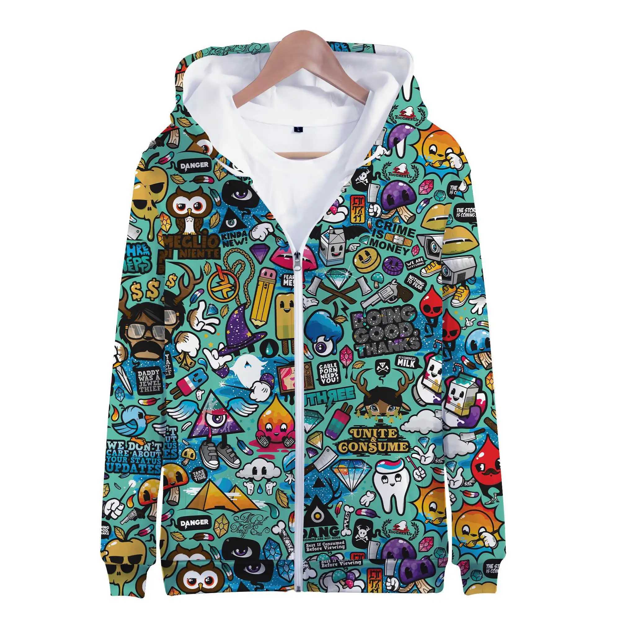 Hoodies Anime Grunge Graffiti 3D Print Zipper Sweatshirts Boy Girl Sweatshirts kids Cartoons Fashion Long Sleeve Oversized CoatY240814