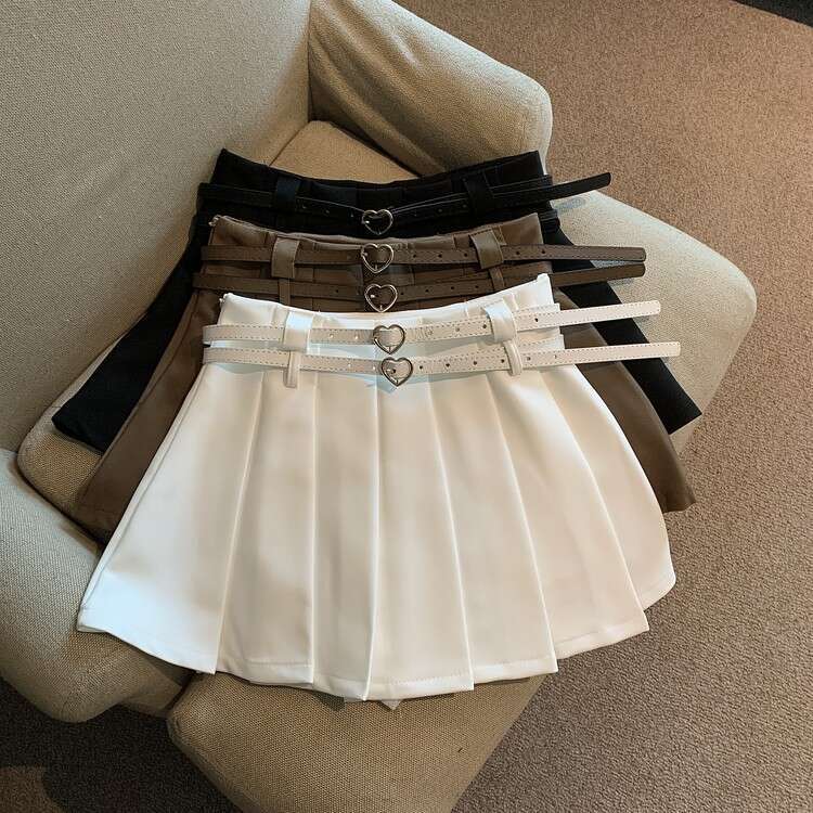 Women Pleated Mini with Dual Heart Belt for Teen-girl High Waist Tennis Skirt Preppy Summer Y2K Outfit