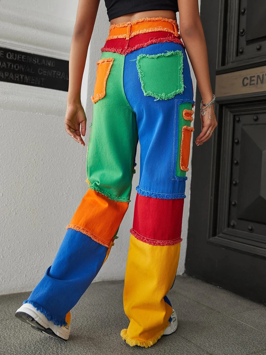 REDDACHiC Stitch Rainbow Color Block Baggy Jeans Women 90s Retro Frayed High Waist Y2k Trousers Holiday Casual Wide Leg Pants 240813