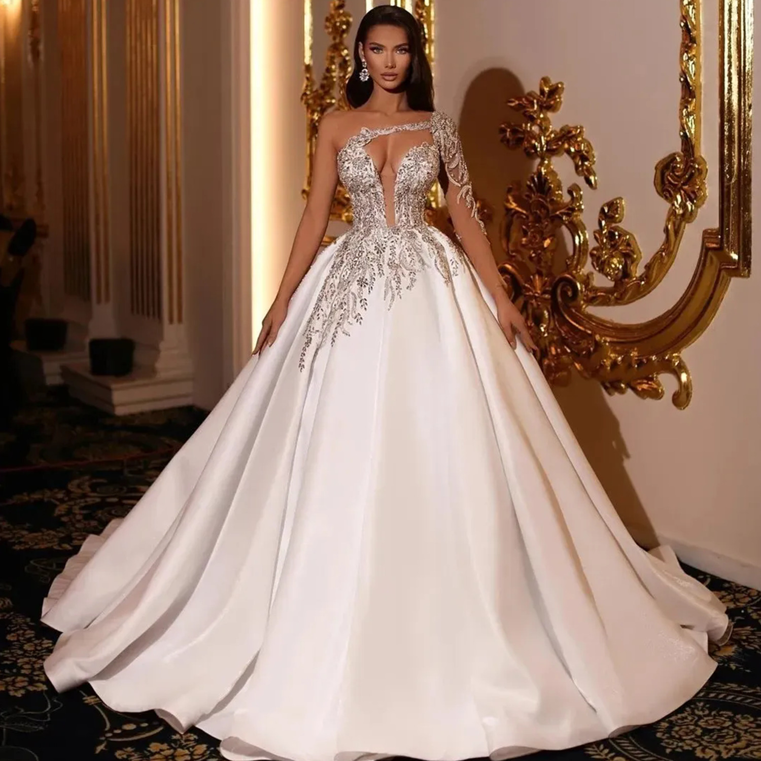 2024 Stain Beading Wedding Dresses Bridal Gowns Beads Crystals Arabic Dubai One Shoulder Crystal Vestido De Noiva Plus Size 6660312