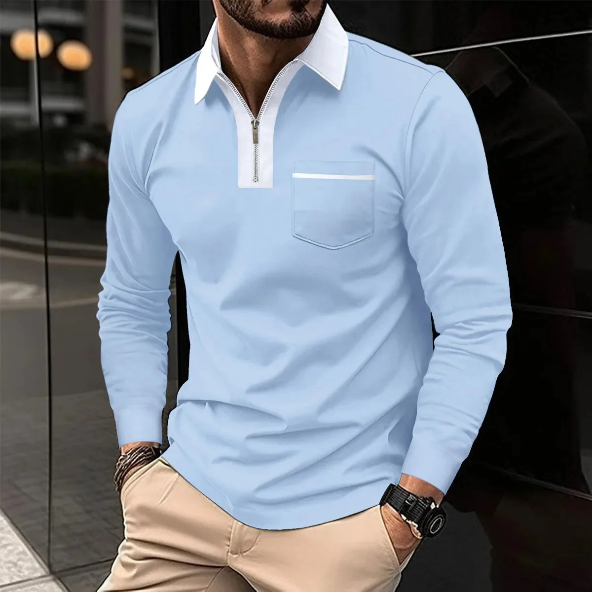 n collar pocket striped versatile loose fit for all seasons mens long sleeved zipper polo shirt MB14 240820